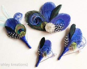 Royal Blue Peacock Feather Hair Clip | Rhinestone Wedding Fascinator