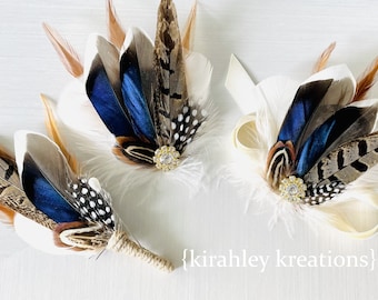 Mallard Duck Feather Boutonniere | Groom Outdoor Wedding | Groomsmen Pheasant Lapel Pin | Bride Blue Hairpiece | Rustic Bridal Accessory