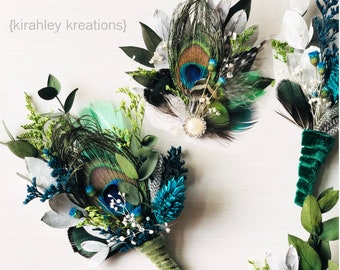 Peacock Hair Clip | Teal Dried Flowers, Green Eucalyptus Leaf | Wedding Wrist Corsage | Lime Emerald Blue Feather | Bridal Comb, Boutonniere