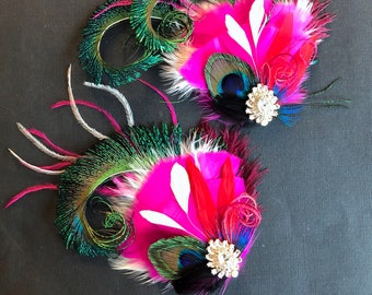 Peacock Feather Fascinator | Red Fuchsia Hot Pink Navy | Great Gatsby Hair Clip | Dried Flower Corsage | Christmas Wedding Holiday Headpiece