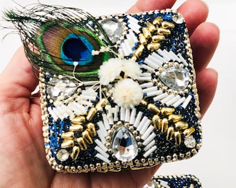 Beaded Wedding Ring Box | Great Gatsby Trinket Jewelry Holder | Navy Blue Silver Gold White Crystals | Satin Pillow Flowers Peacock Feather