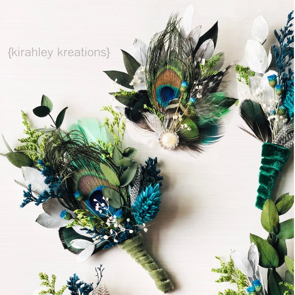 Peacock Hair Clip | Teal Dried Flowers, Green Eucalyptus Leaf | Wedding Wrist Corsage | Lime Emerald Blue Feather | Bridal Comb, Boutonniere