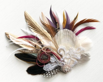Gold Burgundy Feather Hair Clip | Bronze Burnt Orange Pheasant Fascinator | White Ivory Bridal Lace | Fall Peacock Hairpiece | Boho Wedding