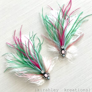 Ostrich Feather Hair Clip | Emerald, Aqua, Mauve, Hot Pink and White | Wedding Fascinator | Vintage Style Rhinestone | Feather Corsage