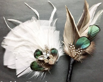 Emerald Green Pheasant and Guinea Feather Boutonniere | Bride Wedding Hair Clip | Duck Hunter Groom Lapel Pin | Prom Buttonhole Keepsake