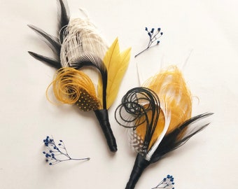 Golden Yellow Peacock Feather Boutonniere | Groom Wedding Lapel Pin | Groomsmen Black White Bumblebee Buttonhole | Bridal Bee Prom SARIAH