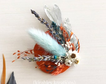 Orange Teal Ivory Dried Flower Hair Clip | Groom Boutonniere | Wedding Bridal Hairpiece | Lavender Bride Headpiece | Derby Race Fascinator