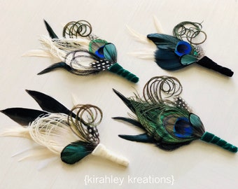 Peacock Feather Boutonniere | Ivory Emerald Green Black | Great Gatsby Wedding | Groom Velvet Lapel Pin | Prom Gala Special Event Corsage