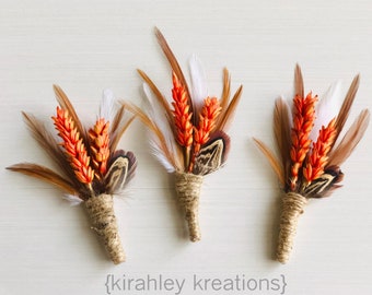 Orange Wheat Boutonniere | Rustic Country Wedding | Fall Groom Pheasant Feather Lapel Pin | Dried Grass, Burlap Twine, Bronze Groomsmen JACK