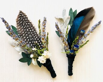 Rustic Wedding Groom Boutonniere | Mallard Guinea Feather, Lavender, Eucalyptus Leaf, Black Suede Leather | Flower Wrist Corsage Brooch Pin