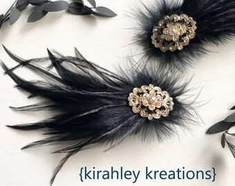 Black Feather Hair Clip | Gold Rhinestone Hairpiece | Great Gatsby Wedding | Flapper Headpiece | Black Shoe Clips | Bridal Ostrich Clip