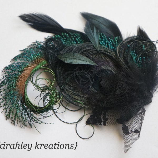 Black Peacock Feather Fascinator | Dark Wedding Lace Headpiece | Emerald Green Bridal Hair Clip | Bride Bridesmaid Prom Rhinestone Hairpiece