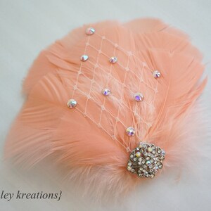 Peach Feather Hair Clip | Iridescent Rhinestone Bride Headpiece | Great Gatsby Wedding Fascinator | Light Coral Prom Corsage | Birdcage Veil