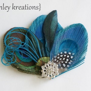 Turquoise Peacock Feather Hair Clip | Bride Great Gatsby Wedding Fascinator | Bridesmaid Headpiece | Teal Blue Green KELLIE Prom Rhinestone