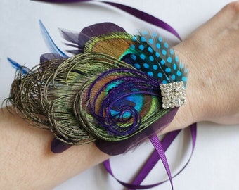 Peacock Feather Prom Corsage | Wedding Cuff Bracelet | Mothers Brooch Pin | Turquoise Plum Purple Wristlet | Groom Boutonniere | Hair Clip