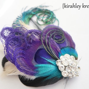 Barrette à cheveux violette en forme d'épée de paon Bibis de mariée vert sarcelle noir ivoire Coiffe Great Gatsby de mariage de demoiselle d'honneur Corsage de bal image 2