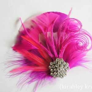 Hot Pink Feather Hair Clip Fuchsia Wedding Headpiece Great Gatsby Fascinator Bachelorette Party Bride Bridal Bridesmaid Prom Corsage image 1