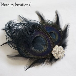 Black Peacock Feather Hair Clip Dark Wedding Fascinator Great Gatsby Holiday Hairpiece Rhinestone Corsage Goth Halloween Headpiece image 2