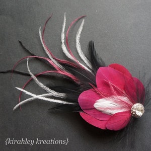 Raspberry Black Ostrich Hair Clip | Bridal Wedding Feather Fascinator | Great Gatsby Pink Flapper Headpiece | Rhinestone Prom Wrist Corsage