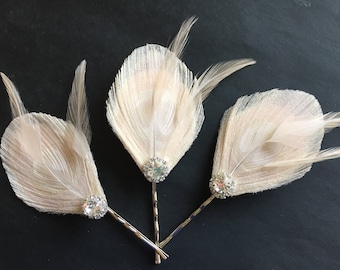 Ivory Peacock Feather Bridal Bobby Pin Hair Clip Bride Bobbies Fascinator Wedding Hairpiece Headpiece Rhinestone Cluster Custom Colors