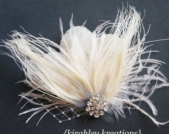 Ivory Peacock Feather Bride Hairpiece | Bridal Veil Fascinator | Rhinestone Wedding Comb, Prom Clip | CYNTHIA Great Gatsby Ostrich Headpiece