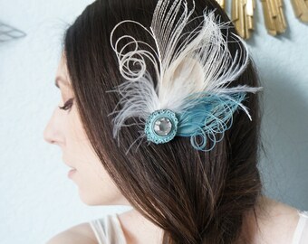 Ivory Teal Peacock Hair Clip | Great Gatsby Bridal Fascinator | Wedding Feather Headpiece | Blue Hairpiece | Prom Wrist Corsage, Boutonniere