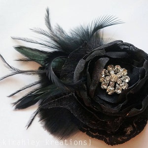 Black Feather & Flower Fascinator Gothic Wedding Hair Clip Halloween Headpiece Rhinestone Bride Hairpiece Black Ostrich Prom Corsage image 1
