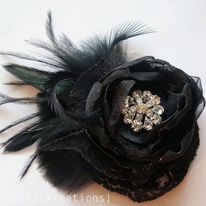 Black Feather & Flower Fascinator | Gothic Wedding Hair Clip | Halloween Headpiece | Black Ostrich Prom Corsage | Rhinestone Bride Hairpiece