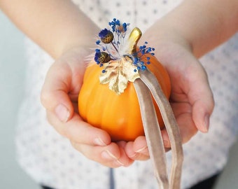 Ring Bearer Pumpkin | Fall Wedding Ceremony | Custom Rings Box Pillow | Gold, Orange, Royal Blue, Flowers | Cinderella Wedding | Autumn Leaf