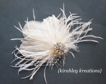 Ivory White Bridal Hair Clip | Great Gatsby Wedding Fascinator | Ostrich Feather Comb | Veil and Rhinestone | Prom Corsage | Dance Headpiece