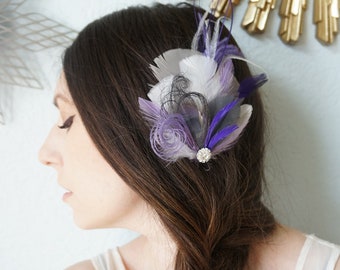 Purple Peacock Bridal Hair Clip | White Lavender Feather Fascinator | Gray Great Gatsby Wedding Hairpiece | Prom Rhinestone Headpiece