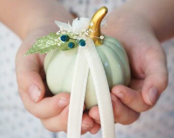 Ring Bearer Wedding Pumpkin | Rustic Fall Wedding | Mint Green & Teal Flower Ring Holder | Cinderella Princess Ceremony Pillow | Jewelry Box