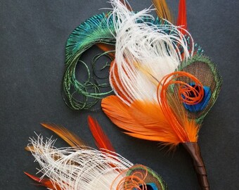 Rustic Orange Peacock Boutonniere | Green Sword Feather | Ivory Groom Wedding Lapel Pin | Groomsmen Fall Buttonhole | Autumn Great Gatsby