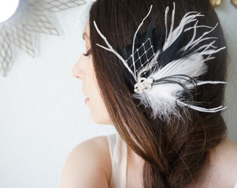 White & Black Feather Hair Clip | Great Gatsby Fascinator | Vintage Rhinestone Headpiece | Bride Birdcage Veil | Ostrich Bridal Wedding Comb