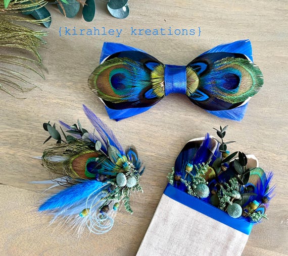 Royal Blue & Green Bow Tie | Peacock Feather Neck Tie | Mens  display picture 1