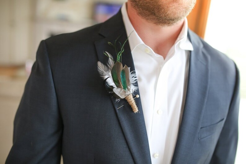 Green Teal Duck Mallard Feather Wristlet Rustic Wrist Corsage Boutonniere Woodland Wedding Hunter Groom Groomsmen Buttonhole Lapel Pin LEO