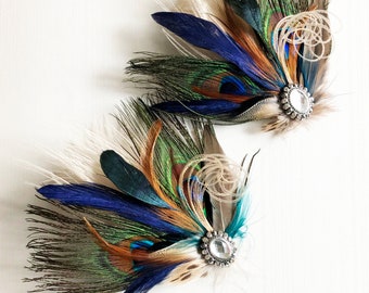 Rustic Peacock Hair Clip | Bridal Feather Wedding Fascinator | Bridesmaid Wrist Corsage | Boho Wristlet | Groom Boutonniere Teal Navy Orange