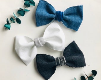 Denim & Velvet Bow Hair Clip | Large Blue Jean Bow | Black Washed Denim, White Denim | Barn Wedding | Flower Girl Hairpiece | Oversized Bows