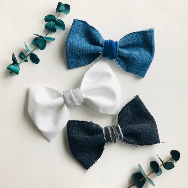 Denim & Velvet Bow Hair Clip | Large Blue Jean Bow | Black Washed Denim, White Denim | Barn Wedding | Flower Girl Hairpiece | Oversized Bows