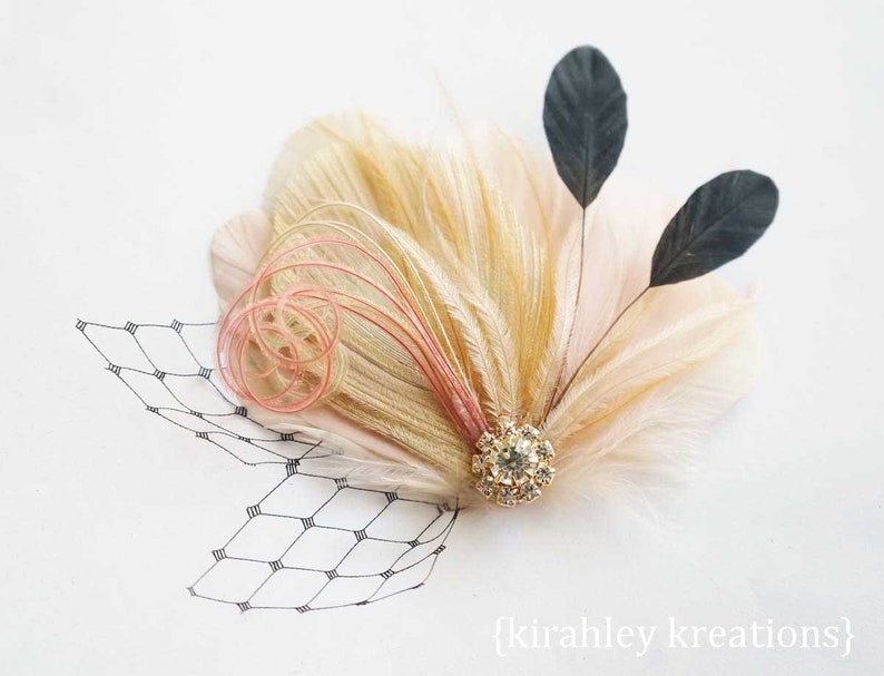 Blush Pink Peacock Hair Clip Black Wedding Bridal Veil Dusty Rose Feather Fascinator Bride Bridesmaid Headpiece Great Gatsby Prom image 1