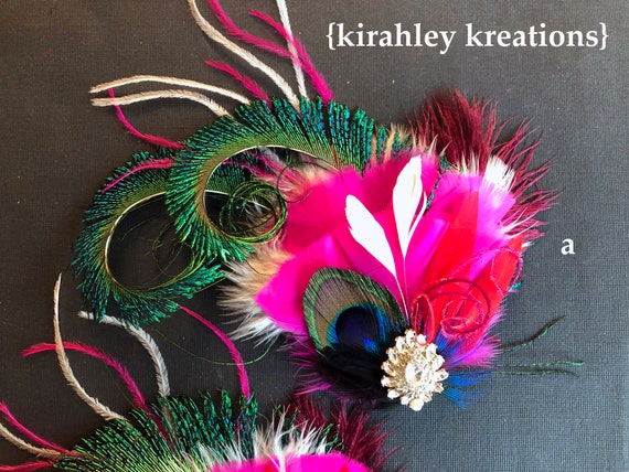 Peacock Feather Fascinator | Red Fuchsia Hot Pink Navy  display picture 3