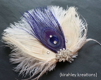 Purple Peacock Feather Hair Clip | Great Gatsby Ostrich Fascinator | Bride Ivory Wedding Headpiece | Rhinestone Prom Corsage and Boutonniere
