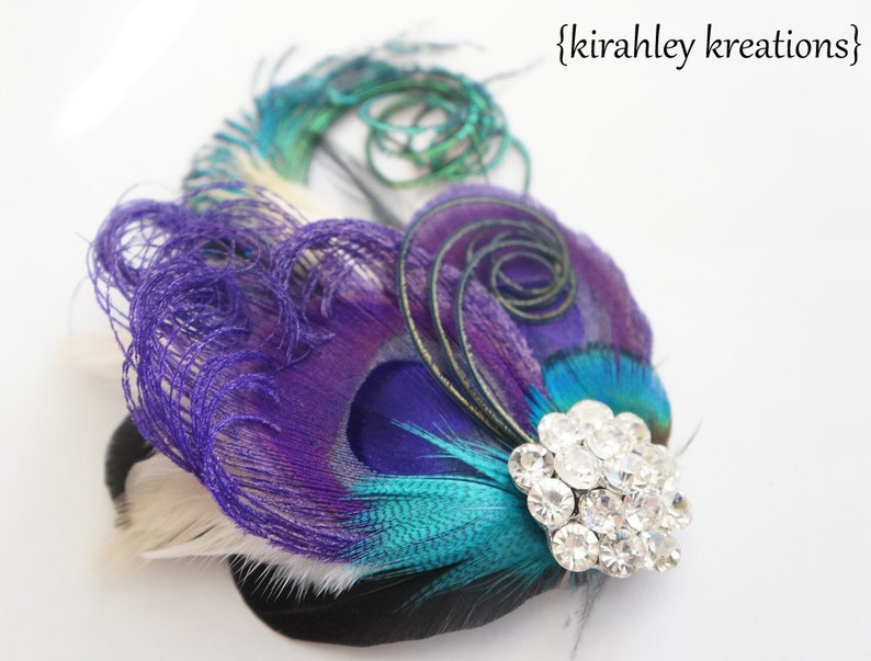 Purple Peacock Sword Feather Hair Clip Teal Green Black Ivory Bridal Fascinator Bridesmaid Wedding Great Gatsby Headpiece Prom Corsage image 2