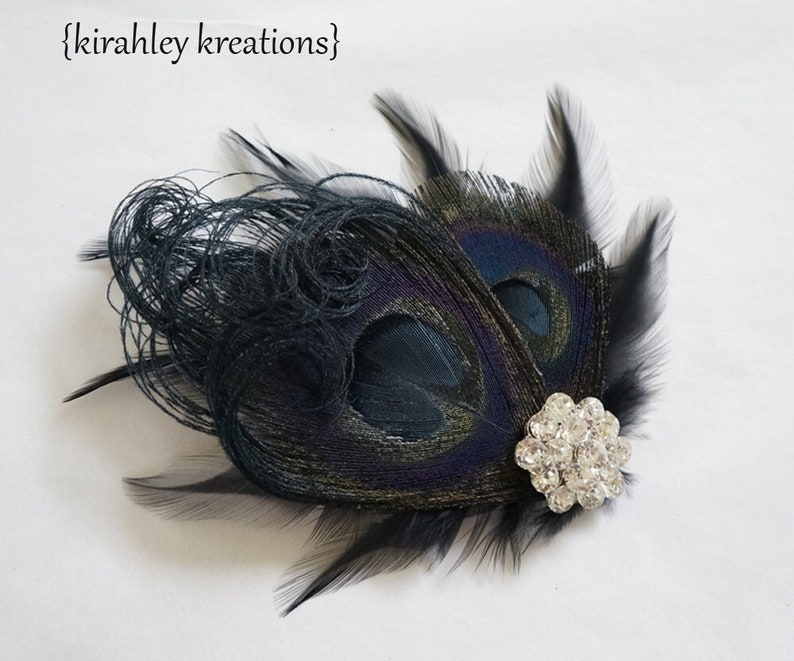 Black Peacock Feather Hair Clip Dark Wedding Fascinator Great Gatsby Holiday Hairpiece Rhinestone Corsage Goth Halloween Headpiece image 2