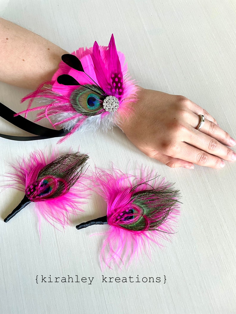 Hot Pink & Black Peacock Corsage Wedding Feather Hair Clip Bride Fuchsia Fascinator Groom Boutonniere Great Gatsby Prom Headpiece image 4