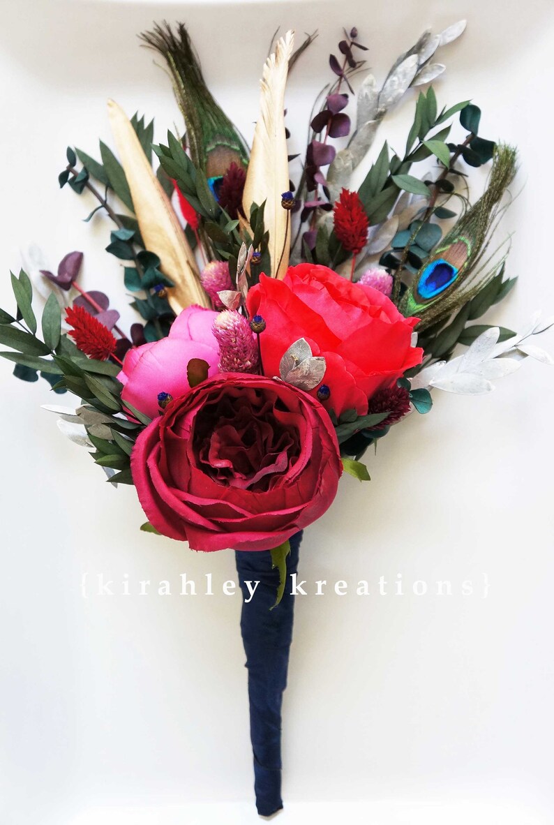 Wedding Bouquets Red Fuchsia Maroon Flowers Dried Flower Eucalyptus Bouquet Peacock, Gold Feather Bouquet Bridal Bridesmaid Flowers image 9