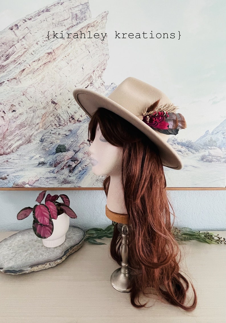 Boho Turkey Feather & Dried Flower Hat Pin Floral Hatpiece Rustic Hat Accessory Wedding Bridal Pin Lady Hat Brooch Western Cowgirl image 2