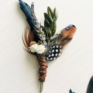 Rustic Fall Wedding Ivory Flower Wrist Corsage Lavender, Pheasant Feather, Green Leaf, Suede Leather Eucalyptus Groom Boutonniere Pin image 8