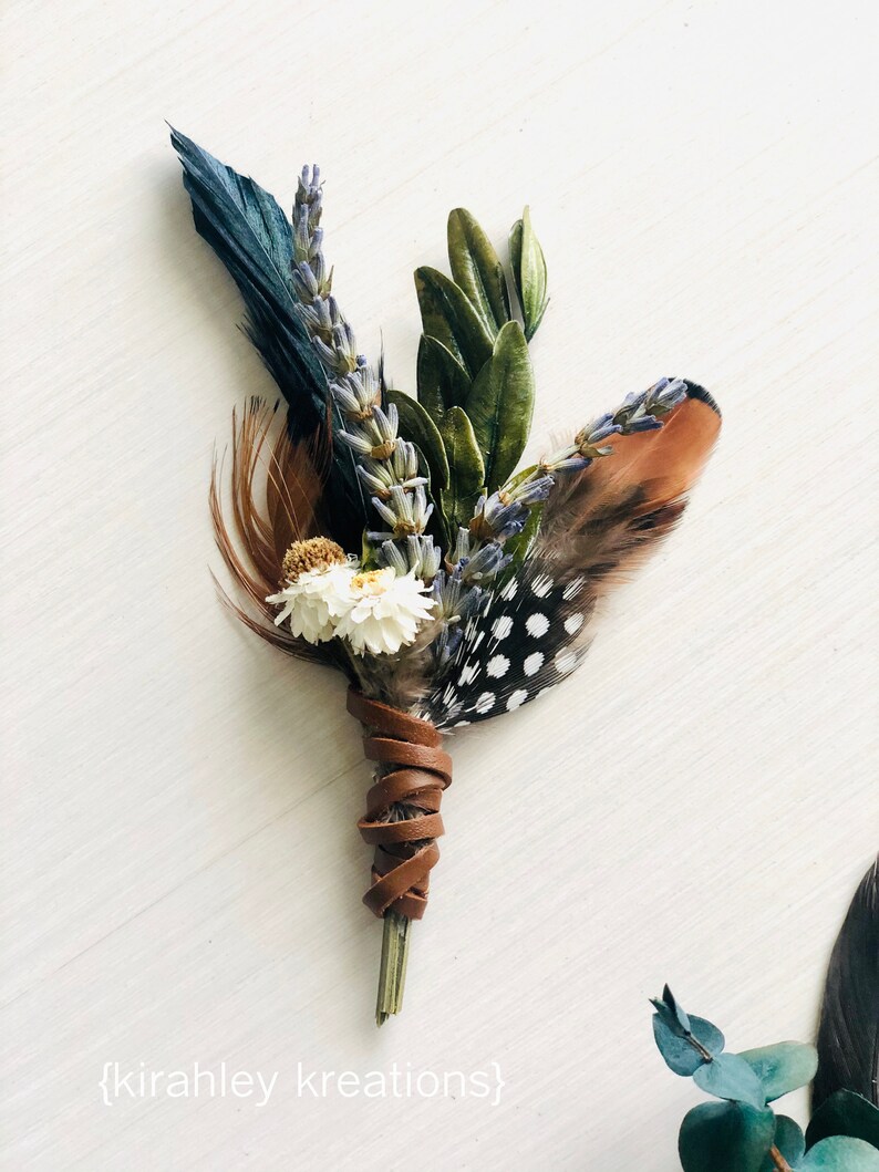 Rustic Fall Wedding Ivory Flower Wrist Corsage Lavender, Pheasant Feather, Green Leaf, Suede Leather Eucalyptus Groom Boutonniere Pin image 8