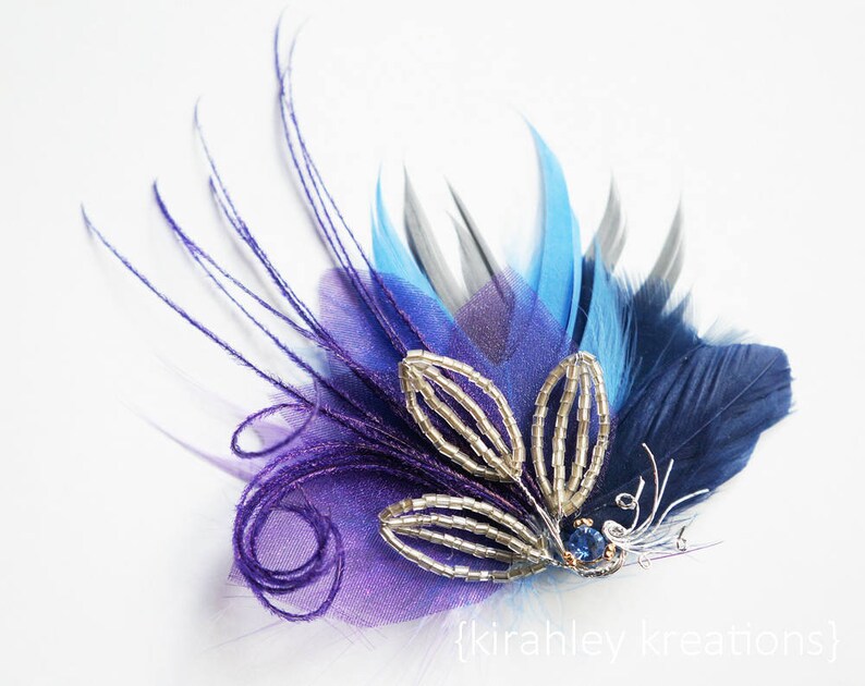 Lavender Purple Beaded Leaf Feather Headpiece SHIP READY Blue Rhinestone Wedding Fascinator Bridal Bride Bridesmaid Hair Clip Navy Blue Gray
